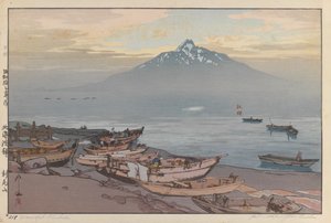 Rauhallinen Rishiri (puupainatus paperille) tekijältä Hiroshi Yoshida
