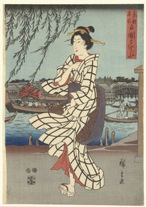 Kuuluisia paikkoja itäisessä pääkaupungissa: Nauti iltatuulesta Ryogokun sillalla Toto meisho Ryogoku no yusuzumi (otsikko esineessä)