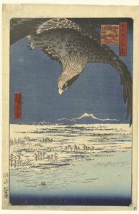 Jumantsubon tasango Susakissa lähellä Fukagawaa Fukagawa Susaki Jumantsubo (otsikko esineessä) Sata kuuluisaa kasvoja Edossa (sarjan nimi) Meisho Edo hyakkei (sarjan nimi esineessä) tekijältä Hiroshige (I) , Utagawa