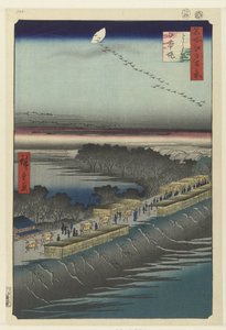 Näkymä Nihondylle Yoshiwaran luota Yoshiwara Nihonzutsumi (otsikko esineessä) Sata kuuluisaa kasvoja Edossa (sarjan nimi) Meisho Edo hyakkei (sarjan nimi esineessä) tekijältä Hiroshige (I) , Utagawa