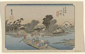 Kawasaki Nro 3. Kawasaki: yksi viidestäkymmenestä kolmesta mainitusta paikasta Tokaidosta. Maalannut Hiroshige (otsikko esineessä) De Tôkaidô van Hiroshige (sarjan nimi) Hiroshige no fude Tôkaidô (sarjan nimi esineellä) tekijältä Hiroshige (I) , Utagawa