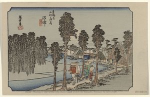 Namazu Nro 13: Namazu: yksi Tokaidon viidestäkymmenestä kolmesta merkittävästä paikasta. Maalannut Hiroshige (otsikko esineessä) De Tôkaidô van Hiroshige (sarjan nimi) Hiroshige no fude Tôkaidô (sarjan nimi esineellä) tekijältä Hiroshige (I) , Utagawa