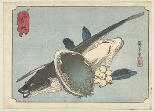 Kampela, abalone ja marjat Kochi awabi (otsikko esineessä) tekijältä Hiroshige (I) , Utagawa