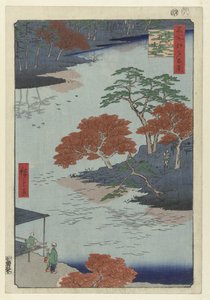 Akiba-pyhäkön temppelialue Ukijissa Ukiji Akiba no keidai (otsikko esineessä) Sata kuuluisaa kasvoja Edossa (sarjan nimi) Meisho Edo hyakkei (sarjan nimi esineessä) tekijältä Hiroshige (I) , Utagawa