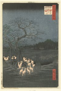 Foxfires uudenvuodenaattona Shozoku Nokkospuussa Ojissa Oji Shozoku enoki omisoka no kitsunebi (otsikko esineessä) Sata kuuluisaa kasvoja Edossa (sarjan nimi) Meisho Edo hyakkei (sarjan nimi esineessä)