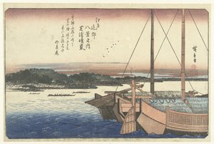 Auringonlasku Shiba Beachillä Shibaura no seiran (otsikko esineessä) Kahdeksan näkymää Edon alueelle (sarjan nimi) Edo kinko hakkei no uchi (sarjan nimi esineessä) tekijältä Hiroshige (I) , Utagawa