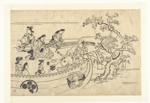 Musiikin tekevä yritys kirsikkapuun alla Kirsikankukkien katselu Uenossa (sarjan nimi) Ueno hanami no tei (sarjan nimi) tekijältä Hishikawa Moronobu (attributed to)
