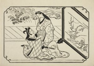 Näytön takana, n. 1673-1681 tekijältä Hishikawa Moronobu