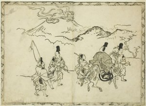 Narihiran itäinen matka, kuvakirjasta "Panorama of Paintings on Screens and Hanging Scrolls (Byobu kakemono ekagami)" (Panoraama maalauksista kuvaruuduilla ja ripustettavilla kääröillä) tekijältä Hishikawa Moronobu