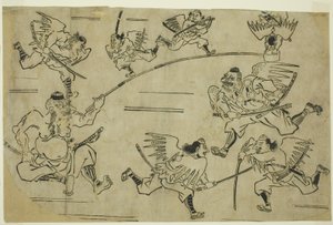 Tengu-kuningas kouluttaa oppilaitaan, n. 1690 tekijältä Hishikawa Moronobu