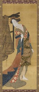 Vaatehyllyn lähellä seisova kurtisaani, Edo-kausi, 1800-luvun alku.