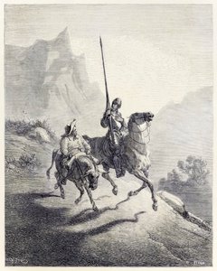 "Don Quijote ja Sancho lähtevät ulos" Miguel de Cervantesin "Don Quijotesta" (kaiverrus) tekijältä Héliodore Joseph Pisan