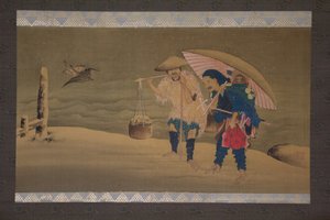 Monkey Showman ja Porter lumessa, 1800-luku. tekijältä Hokuga