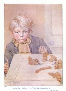 Seitsemän karvaista vauvaa, kuvitus Eleanor Tyrellin teoksesta More About the Squirrels, n. 1915 (väri litho) tekijältä Honor Charlotte Appleton