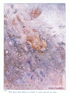 Lunta satoi niin paksusti, että tuskin pystyin näkemään häntä, kuvitus Eleanor Tyrellin teoksesta More About the Squirrels, n. 1915 (väri litho) tekijältä Honor Charlotte Appleton