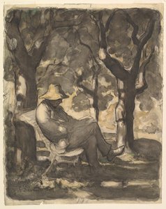 Mies lukemassa puutarhassa recto, alustava luonnos miehelle, joka lukee puutarhassa v..., n. 1865. tekijältä Honoré Daumier