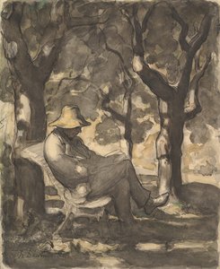 Mies lukemassa puutarhassa recto..., n. 1865. tekijältä Honoré Daumier