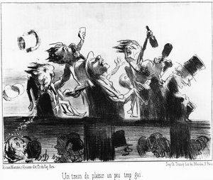 Hauska juna hieman liian iloinen: otettu "" Les trains de Plaisir" -sarjakuvasta Honore Daumierin (1808-1879) rautateillä. “Charivari” tekijältä Honoré Daumier