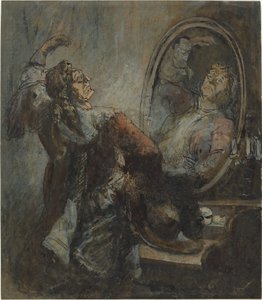Näyttelijä poseeraa peilin edessä tekijältä Honoré Daumier