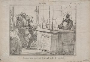 Tosiasiat nro 252: Tuomittu siitä, että hän myi kasan hiekkaa kostean ruskean sokerin sijaan, 1855. tekijältä Honoré Daumier