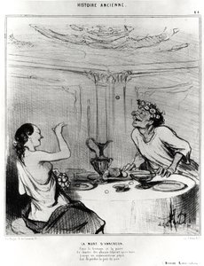 Muinainen historia: Anakreonin kuolema, karikatyyri havainnollistamaan ote Jacques-Benignen (Jacques Benigne) Bossuetin (1627-1704) badine-teoksista: "Juuston ja päärynän välissä, Tämä laulaja rakastaa folatrait juomisen jälkeen, Kun onneton pepei tekijältä Honoré Daumier