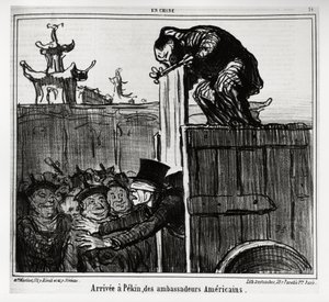 Amerikan suurlähettiläät saapuivat Pekiniin. Sarjassa En Chine, Honore Daumierin (1808-1879) kuvitus, julkaistu Charivarissa, päivätty 13. lokakuuta 1859. tekijältä Honoré Daumier
