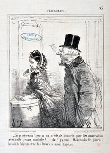 Honore Daumierin (1808-1879) taideteos Charivari: Serie FARIBOLES "" - Voisitko löytää rehellisen tekosyyn yhdistää keskustelu tämän nuoren mallin kanssa?... Ah! Olen täällä... neiti, minun täytyy laittaa kukkia hattuni! KUUTATAIDEMUSEO - PALACE LONGCHAMP, tekijältä Honoré Daumier