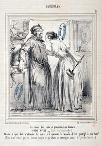 Honore Daumierin (1808-1879) taideteos Charivari: Serie FARIBOLES Le mari doit aide et protection a sa femme (siviililaki - Title du mariage) "" -Mutta kenen tulee kääntyä aviomiehen puoleen, jos hän puolestaan kokee, että häntä suojellaan? (Huomautus arti tekijältä Honoré Daumier