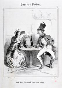 Honore Daumierin (1808-1879) taideteos. Charivari on vuodelta 1840: Sarja PROVERBES ET MAXIMES "" qui aime Bertrand aime son chien"" MUSEE DES BEAUX ARTS - PALAIS LONGCHAMP, MARSEILLE tekijältä Honoré Daumier