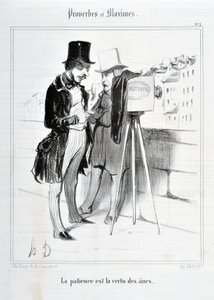Honore Daumierin (1808-1879) taideteos. Charivari on peräisin vuodelta 1840: Sarja SANANLASKUJA JA MAKSIMIT ”Kärsivällisyys on aasien hyve”” KUVATAIDEMUSEO – PALAIS LONGCHAMP, MARSEILLE tekijältä Honoré Daumier