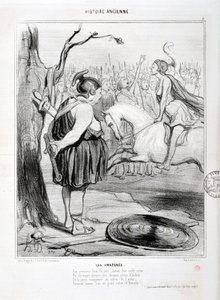 Honore Daumierin (1808-1879) Charivarin taideteos on vuodelta 1842: Serie HISTORIE ANCIE Les Amazones. "" Päivän ensimmäisessä tulipalossa heidän jalon kuningattarensa edessä heidän nähtiin kesyttävän intoa täynnä olevia hevosia. Ja nuori voittaja areenan  tekijältä Honoré Daumier