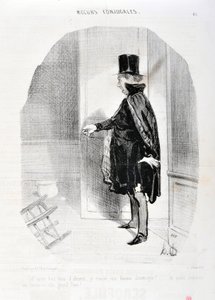 Honore Daumierin (1808-1879) taideteos. Charivari on vuodelta 1842: Serie MORES CONJUALES "" Taivas kolmen kuukauden poissaolon jälkeen löydän vaimoni demenagesta ja mitä muistoja pesen hänen suuren Jumalansa! "" KUUTATAIDEMUSEO - PALACE LONGCHAMP, MARSEIL tekijältä Honoré Daumier