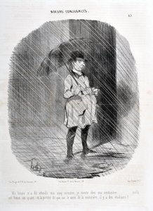 Honore Daumierin (1808-1879) taideteos. Charivari on vuodelta 1842: Serie MORES CONJUALES "" Vaimoni käski minun odottaa viisi minuuttia, että menen couturiereani tunti neljännes sitten ja ovessa lukee, että couturieren aukiolla on opiskelijoita! " tekijältä Honoré Daumier