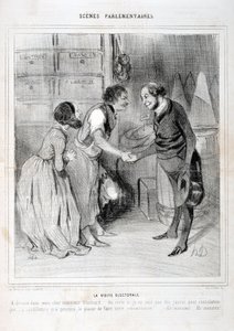 Honore Daumierin (1808-1879) taideteos. Charivari on vuodelta 1843: Serie SCENES PARLAMENTARY. Vaalivierailu. KUUTATAIDEMUSEO - PALACE LONGCHAMP, MARSEILLE tekijältä Honoré Daumier