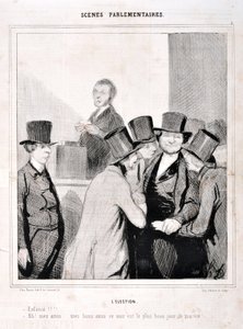 Honore Daumierin (1808-1879) taideteos. Charivari on vuodelta 1843: Serie SCENES PARLAMENTARY. Vaalit "" Uinti!!! "Ah ystäväni, hyvät ystäväni tämä ilta on elämäni suurin päivä!" KUUTATAIDEMUSEO - PALACE LONGCHAMP, MARSEILLE tekijältä Honoré Daumier