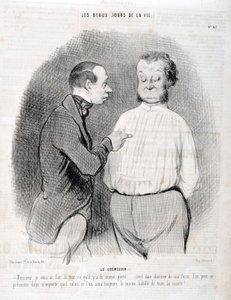 Honore Daumierin (1808-1879) taideteos. Charivari on vuodelta 1845: Serie LES BEAUX DAYS DE LA VIE. Pusero "" -Herra, tein sinusta parhaan päälläni... minun tavallani paidalla voit esitellä itsesi missä tahansa olohuoneessa ja olemme aina parhaiten pukeutu tekijältä Honoré Daumier