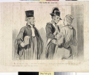 Honore Daumierin (1808-1879) taideteos. Charivari on vuodelta 1845: Serie LES PEANS DE JUSTICE. "" -Rakas mitä haluat... meillä oli epäonnea... En pystynyt todistamaan syyttömyyttäsi tällä kertaa... mutta seuraava lentosi toivon olevani onnellisempi."""""  tekijältä Honoré Daumier
