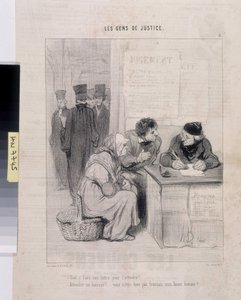 Honore Daumierin (1808-1879) taideteos. Charivari on vuodelta 1845: Serie LES PEANS DE JUSTICE. "Onko sinun kirjoitettava kirje tehdäksesi hänestä hellä? - Ulosottomiehen puoleen! Etkö ole ranskalainen, hyvä mies?" Koko 37,5x28. Ote sanomalehdestä Le”” Cha tekijältä Honoré Daumier