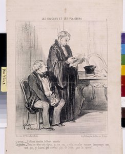 Honore Daumierin (1808-1879) taideteos. Charivari on vuodelta 1851: Serie LES Avocats et les litigants. "Lakimies - asia toimii, tapaus toimii! Oikeudenmies-Olet kertonut minulle tätä neljä vuotta, jos hän vielä kävelee niin kauan, että minulla on tekijältä Honoré Daumier
