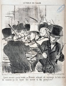Honore Daumierin (1808-1879) taideteos. Charivari on vuodelta 1852: Serie LE PUBLIC DU SALON - "" Kun ääni neljä tuntia. - juhlallinen hetki tai alkaa taistelu keppejä ja sateenvarjoja tallentaneiden vierailijoiden välillä"" MUSEE DES BEAUX ARTS - PALAIS L tekijältä Honoré Daumier