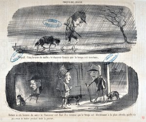 Honore Daumierin (1808-1879) Charivarin taideteos on vuodelta 1853: Serie Sketches de Chasse “” Lähtö Five heures du matin, - le chasseur huomaa, että sää on epävarma””” “” Takaisin kello kuuteen illalla, - Metsästäjä on kunnossa, hän tunnisti sen tekijältä Honoré Daumier