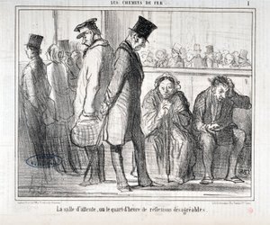 Honore Daumierin (1808-1879) taideteos. Charivari on vuodelta 1855: Serie LES Chemins de fer "" Odotushuone tai neljännestunti epämiellyttäviä heijastuksia""" MUSEE DES BEAUX ARTS - PALAIS LONGCHAMP, MARSEILLE tekijältä Honoré Daumier