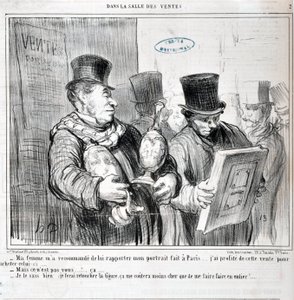 Honore Daumierin (1808-1879) taideteos. Charivari on vuodelta 1859: Sarja MYYNNISSÄ "" - Vaimoni suositteli minua tuomaan hänelle Pariisissa tehdyn muotokuvani... Käytin tätä myyntiä hyväkseni ostaakseni tämän... -Mutta se et ole sinä... noin. .. - Tiedän  tekijältä Honoré Daumier