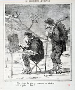 Honore Daumierin (1808-1879) taideteos. Charivari on vuodelta 1864: Serie LES LANDSAGISTS IN WINTER "" - Vanha mies, maalauksestasi puuttuu lämpöä - Ja maalari niin! "" KUUTATAIDEMUSEO - PALACE LONGCHAMP, MARSEILLE tekijältä Honoré Daumier