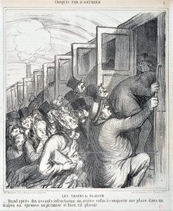 Honore Daumierin (1808-1879) taideteos. Charivari on vuodelta 1864: Serie Sketch Les trains de plaisir "" - Kun kymmenen epäonnistuneen hyökkäyksen jälkeen pääsemme vihdoin valloittamaan paikan vaunussa, koemme ensimmäisen ja erittäin elävän nautinnon""" M tekijältä Honoré Daumier