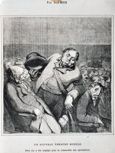 Honore Daumierin (1808-1879) taideteos. Charivari on vuodelta 1864: Sarjaluonnokset teatterissa Uusi teatterimalli. "Mitään ei ole laiminlyöty katsojien mukavuuden vuoksi"" MUSEE DES BEAUX ARTS - PALAIS LONGCHAMP, MARSEILLE tekijältä Honoré Daumier