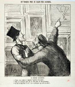 Honore Daumierin (1808-1879) taideteos. Charivari on vuodelta 1865: Sarjaluonnokset Salonissa Omituinen taidemaalari. "Katso, kuinka ymmärrän marttyyrin apoteoosin... "Mutta minä näen vain henkilösi kaksi jalkaa. - Pää on jo raskaassa tekijältä Honoré Daumier