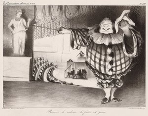 Laske verho, Farssia pelataan / Senkt den Vorhang, die Posse ist (myös: La Caricature no. 201, 11.09.1834). 1834 tekijältä Honoré Daumier