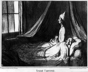 Uskoen näkeväni hänet, Honore Daumierin (1808-1879) karikatyyri. "Charivari" tekijältä Honoré Daumier