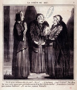Sarjakuva tieteestä. Serie Sur "" vuoden 1857 komeetta"": "" He sanovat, että alamme jo nähdä hänet!..."" Kaiverrus Honore DAUMIER (1808-1879). Ote sanomalehdestä "" Le Charivari"" 7. maaliskuuta tekijältä Honoré Daumier